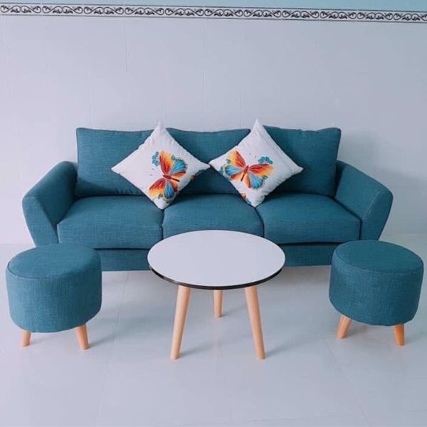 Thanh lý sofa tiếp khách bọc nhung màu xanh mới 99%