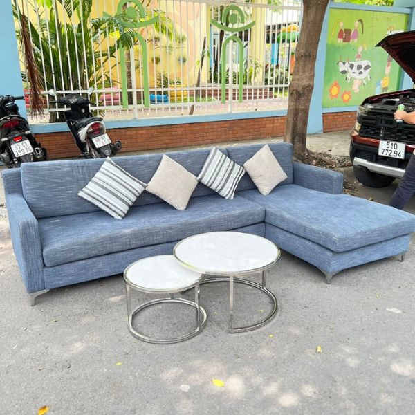 Thanh lý ghế sofa góc L bọc nỉ màu xanh mới 95%