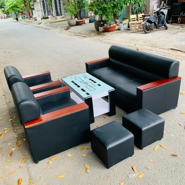 Bộ sofa bọc da tiếp khách tay gỗ mới 100%