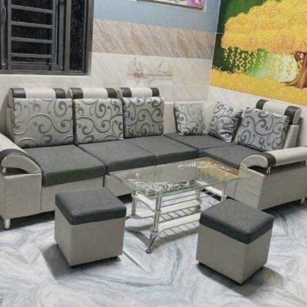 Bộ sofa góc L bọc da hàn quốc màu xám mới 99%