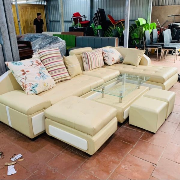 Bộ sofa góc L gia đình hàn quốc bọc da màu kem mới 100%