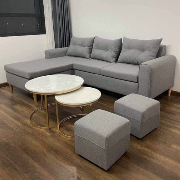 Bộ sofa gia đình góc L bọc nỉ màu xám cao cấp 98%