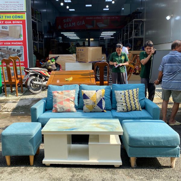 Bộ ghế sofa tiếp khách bọc vải màu xanh mới 95%