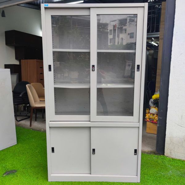 Tủ hồ sơ sắt Hòa Phát 2 buồng cánh kính màu xám mới 90%