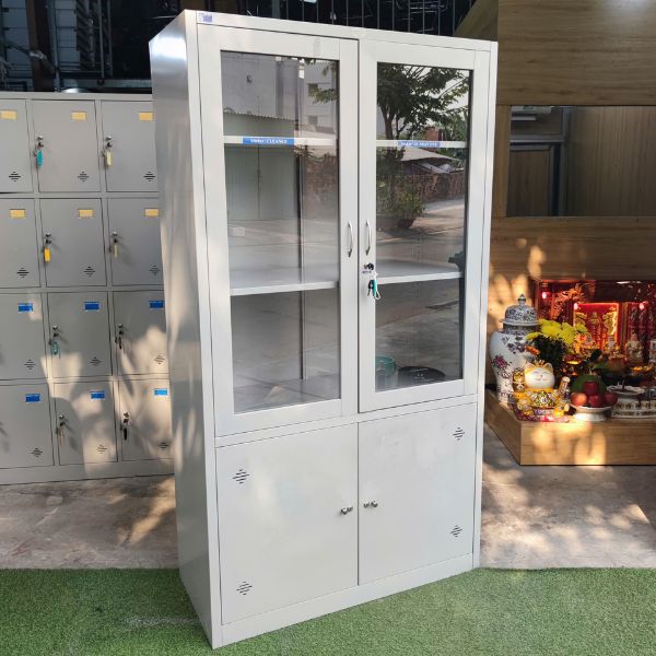 Tủ hồ sơ sắt Hòa Phát 2 buồng cánh kính màu xám mới 90%
