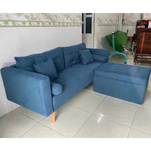 Ghế sofa vải chữ L màu xanh thanh lý