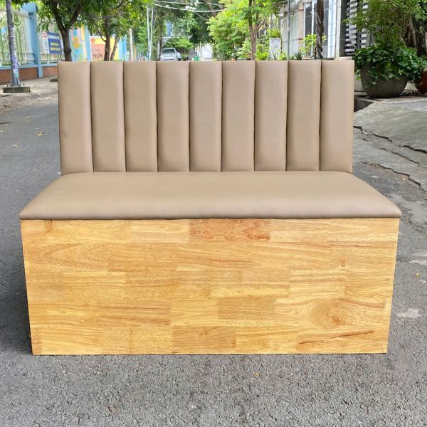 Băng ghế sofa mặt nệm da màu be khung gỗ có tựa