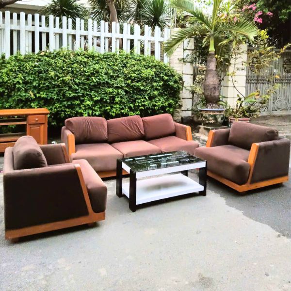 Ghế sofa phòng khách gỗ sồi nệm bọc vải màu nâu