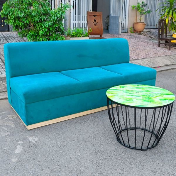 Băng ghế sofa 3 chỗ ngồi đệm bọc vải khung gỗ cũ đẹp