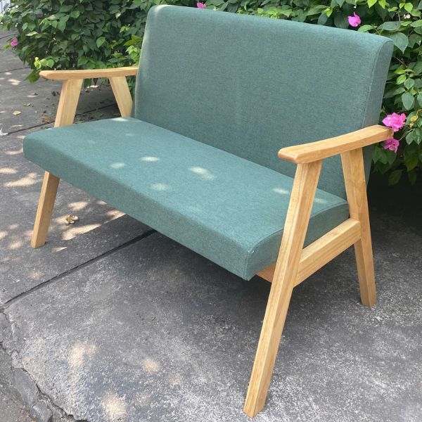 Ghế sofa gỗ dài mặt nệm bọc vải xanh mới 100%
