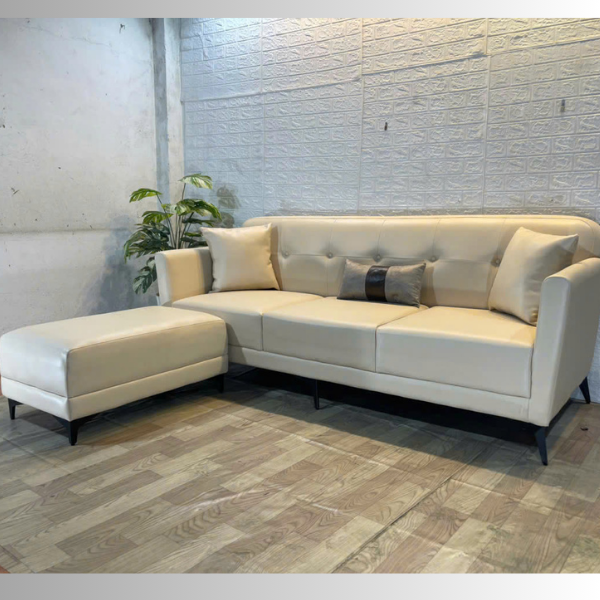 Bộ ghế sofa chữ L bọc da màu trắng kem sang trọng bền đẹp