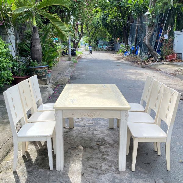 Bộ bàn ăn gỗ mặt đá 6 ghế cũ sang trọng