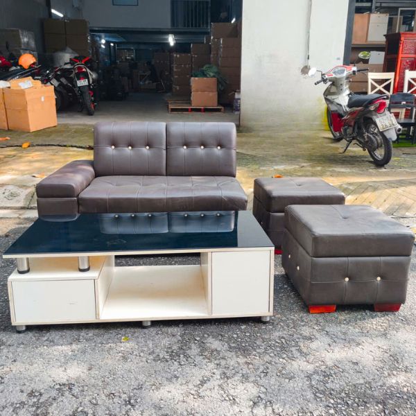 Bộ ghế sofa chữ L bọc da khung gỗ tự nhiên thanh lý