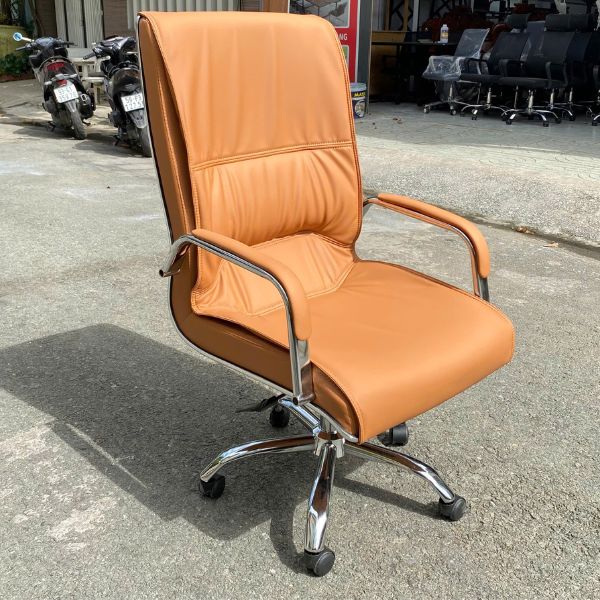 Ghế Trưởng phòng bọc da nâu chân xoay inox mới 99%