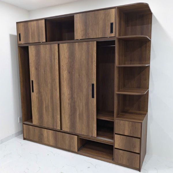 Tủ áo gỗ công nghiệp cửa trượt liền kệ thiết kế độc đáo